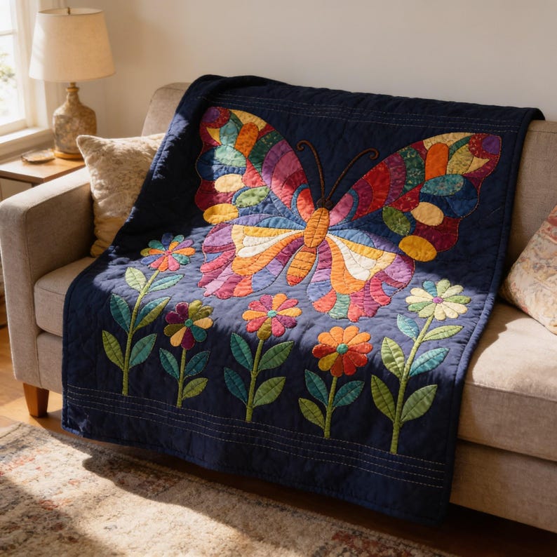 Butterfly Garden Quilt Pattern, Raw Edge Fusible Applique PDF, Folk Art Animal Quilt, Patchwork Wall Hanging Template image 5