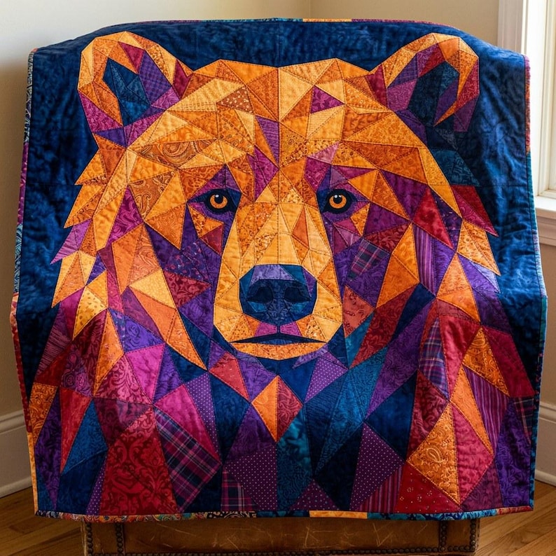Patrón de edredón de oso, aplique termoadhesivo geométrico con borde sin rematar, patrón de edredón de animales en PDF, tapiz de pared de patchwork, plantilla de edredón de arte popular imagen 14