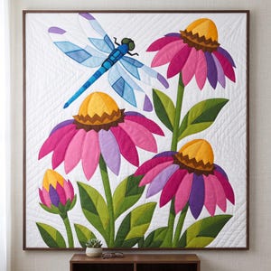 Mönster med trollslända- och solhattblommigt quiltmönster, applikations- och collagequilt i PDF-format, quiltmönster med blommigt djurmönster, applikation med råa kanter och smältbara mönster bild 16