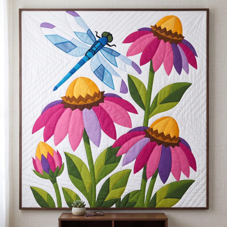Mönster med trollslända- och solhattblommigt quiltmönster, applikations- och collagequilt i PDF-format, quiltmönster med blommigt djurmönster, applikation med råa kanter och smältbara mönster bild 16