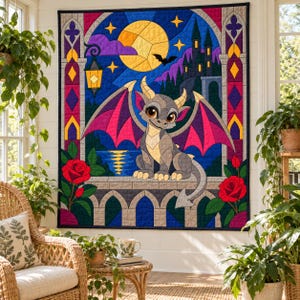 Modello per trapunta Baby Gargoyle, trapunta con applicazioni e collage, modello PDF per trapunta con animali fantastici, arazzo patchwork, modello per trapunta in stile folk art immagine 9