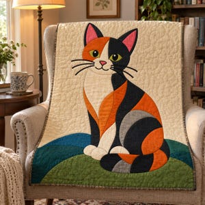 Calico Cat Quilt Pattern, Applique & Collage Quilt, Cat Quilt Pattern PDF, Patchwork Wall Hanging, Folk Art Quilt Template image 5