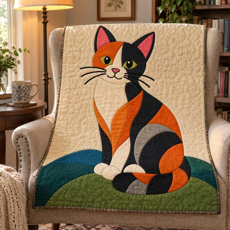 Calico Cat Quilt Pattern, Applique & Collage Quilt, Cat Quilt Pattern PDF, Patchwork Wall Hanging, Folk Art Quilt Template image 5