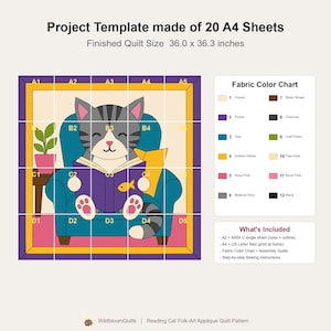 Reading Cat Quilt Pattern, Raw Edge Fusible Applique, Cat Quilt Pattern PDF, Patchwork Wall Hanging, Folk Art Quilt Template image 10