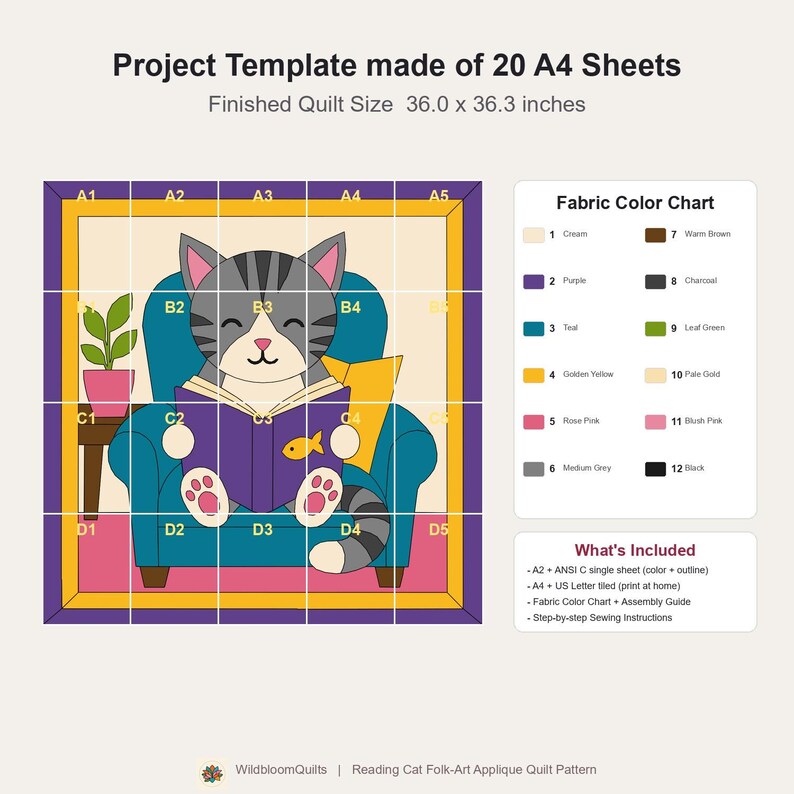 Reading Cat Quilt Pattern, Raw Edge Fusible Applique, Cat Quilt Pattern PDF, Patchwork Wall Hanging, Folk Art Quilt Template image 10