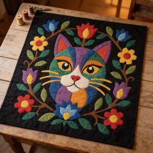 Cat Quilt Pattern, Floral Cat Wall Hanging Quilt Pattern PDF, Easy Applique Quilt for Beginners, Cat Lover Gift, Raw Edge Fusible Applique image 5