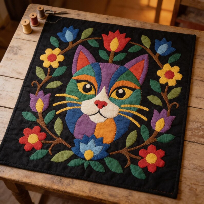 Cat Quilt Pattern, Floral Cat Wall Hanging Quilt Pattern PDF, Easy Applique Quilt for Beginners, Cat Lover Gift, Raw Edge Fusible Applique image 5