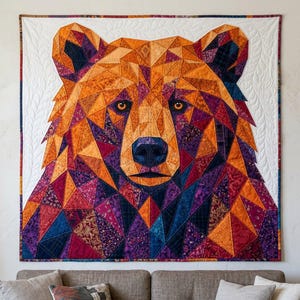 Patrón de edredón de oso, aplique termoadhesivo geométrico con borde sin rematar, patrón de edredón de animales en PDF, tapiz de pared de patchwork, plantilla de edredón de arte popular imagen 11