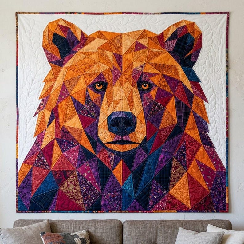 Patrón de edredón de oso, aplique termoadhesivo geométrico con borde sin rematar, patrón de edredón de animales en PDF, tapiz de pared de patchwork, plantilla de edredón de arte popular imagen 11