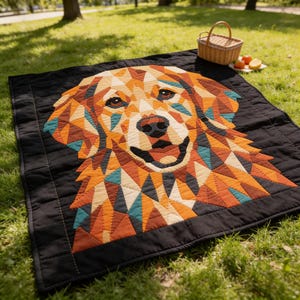 May include: A square quilt featuring a geometric, multi-colored mosaic portrait of a golden retriever dog. The dog's face is composed of triangular patches in shades of orange, brown, cream, and teal, set against a solid black background border.