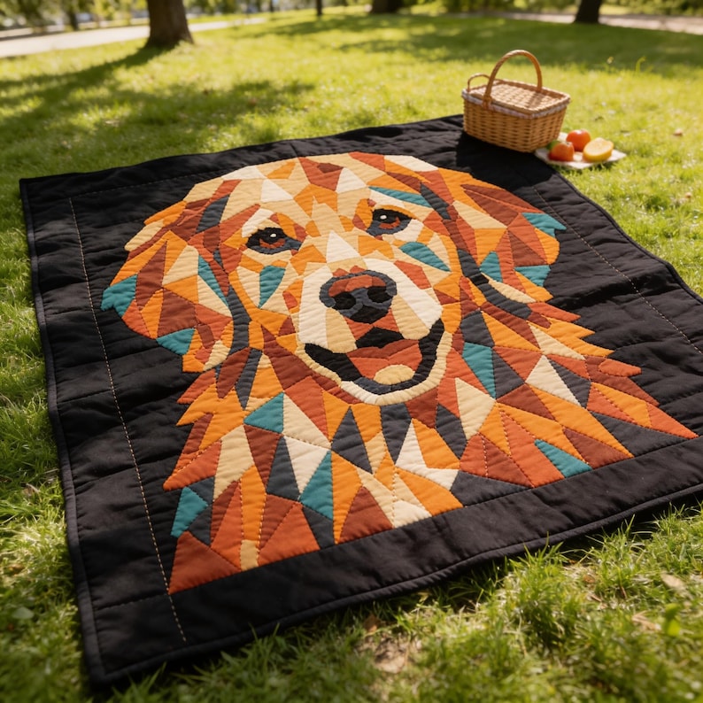 May include: A square quilt featuring a geometric, multi-colored mosaic portrait of a golden retriever dog. The dog's face is composed of triangular patches in shades of orange, brown, cream, and teal, set against a solid black background border.