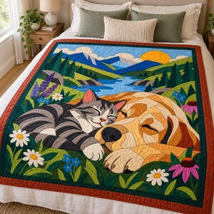 Sleeping Cat and Dog Quilt Pattern, Applique & Collage Quilt PDF, Pet Animal Quilt Pattern, Patchwork Wall Hanging, Folk Art Quilt Template image 9