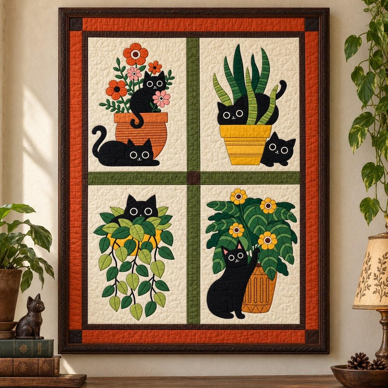 Black Cat Quilt Pattern, Applique & Collage Quilt, Houseplant Cat Quilt PDF, Patchwork Wall Hanging, Folk Art Animal Quilt Template image 1