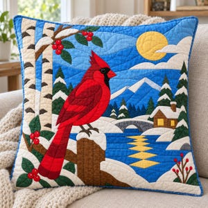 Quiltmuster „Winterkardinal“, Applikations- und Collage-Quilt, Vogel-Quiltmuster (PDF), Patchwork-Wandbehang, Quiltvorlage im Stil der Volkskunst Bild 4