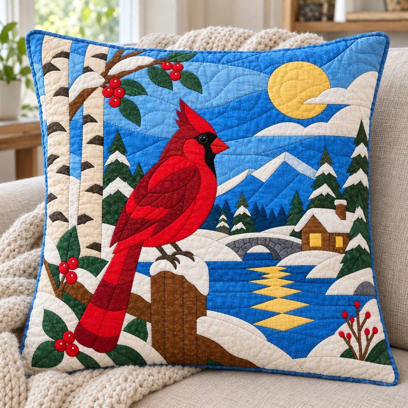 Quiltmuster „Winterkardinal“, Applikations- und Collage-Quilt, Vogel-Quiltmuster (PDF), Patchwork-Wandbehang, Quiltvorlage im Stil der Volkskunst Bild 4