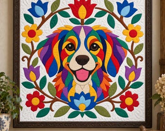 Rainbow Dog Quilt Pattern, Applique & Collage Quilt, Animal Quilt Pattern PDF, Patchwork Wall Hanging, Folk Art Dog Template