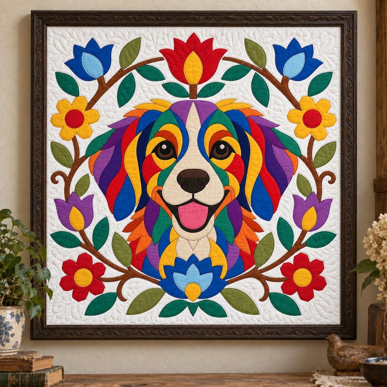 Patrón de edredón Perro Arcoíris, Edredón con apliques y collage, Patrón de edredón de animales en PDF, Tapiz de pared de patchwork, Plantilla de perro de arte popular imagen 1