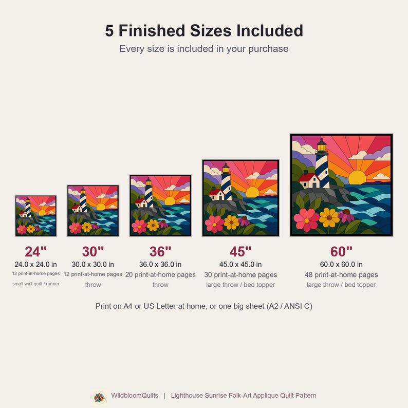 Lighthouse Sunrise Quilt Pattern, Raw Edge Fusible Applique PDF, Coastal Quilt Pattern, Patchwork Wall Hanging, Folk Art Quilt Template image 3