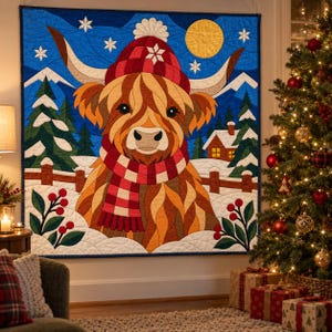 Modello per trapunta natalizia con mucca delle Highlands, trapunta con applicazioni e collage, modello PDF per trapunta con animali, arazzo patchwork, arte popolare immagine 7
