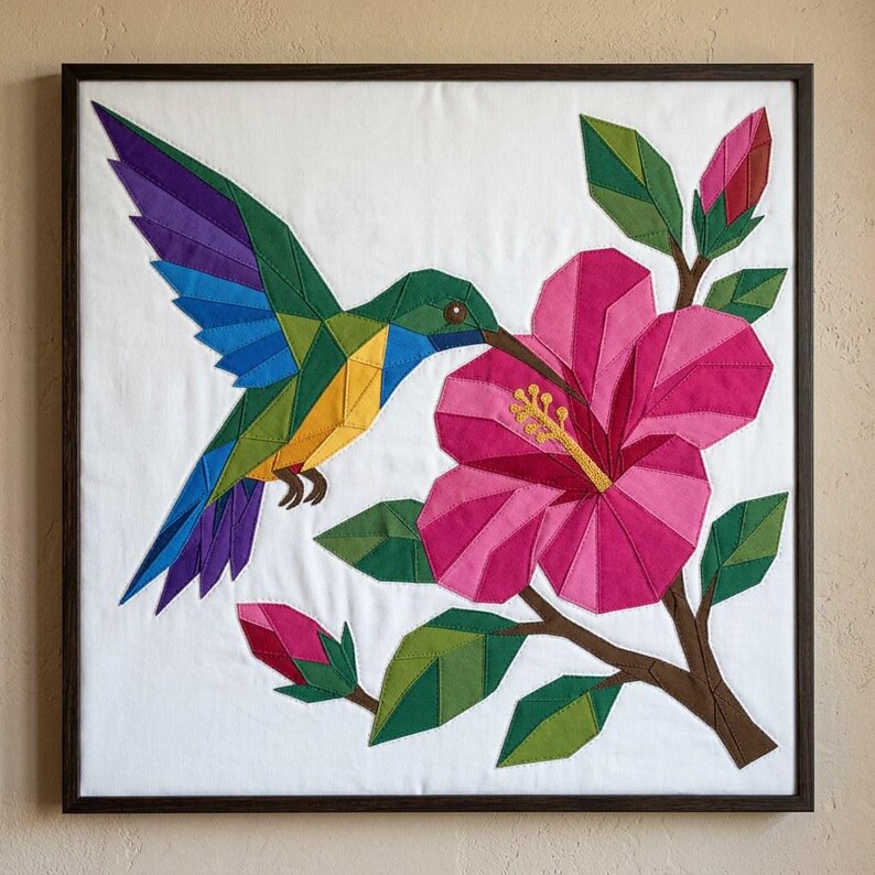 Hummingbird Quilt Pattern, Raw Edge Fusible Applique PDF, Tropical Bird Quilt Pattern, Hibiscus Patchwork Wall Hanging image 6