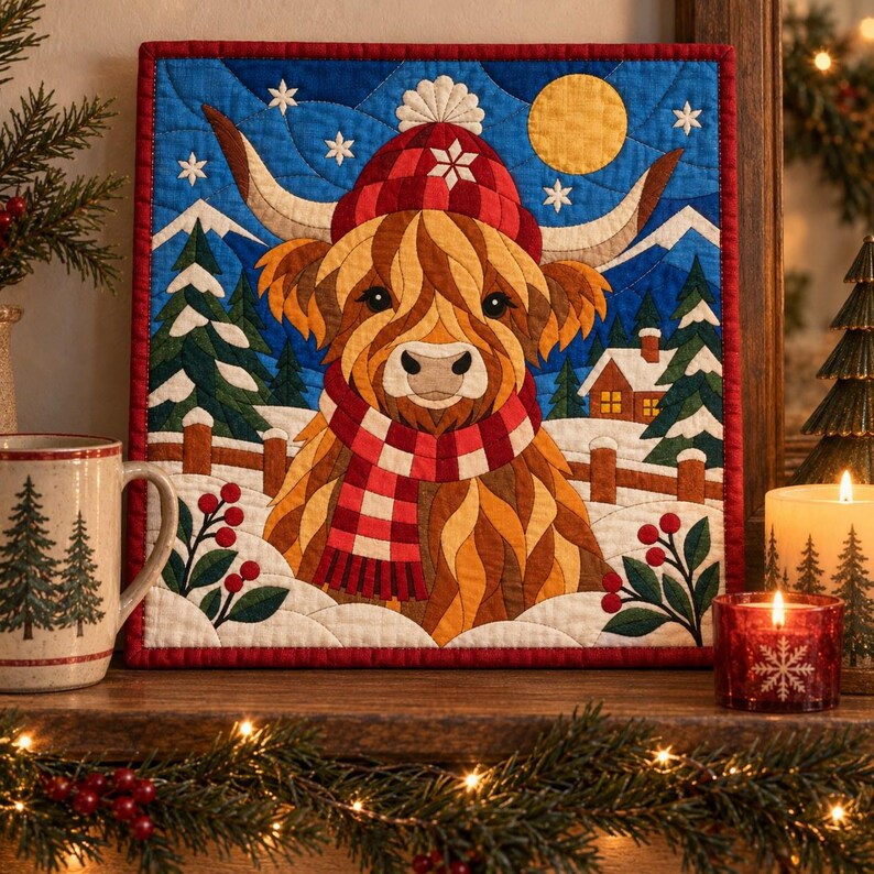 Modello per trapunta natalizia con mucca delle Highlands, trapunta con applicazioni e collage, modello PDF per trapunta con animali, arazzo patchwork, arte popolare immagine 15