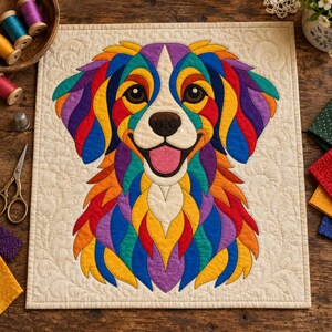 Patrón de edredón de perro Rainbow Retriever, edredón con apliques y collage, patrón de edredón de animales en PDF, tapiz de pared de patchwork, plantilla de perro de arte popular imagen 2