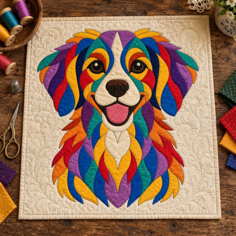 Patrón de edredón de perro Rainbow Retriever, edredón con apliques y collage, patrón de edredón de animales en PDF, tapiz de pared de patchwork, plantilla de perro de arte popular imagen 2