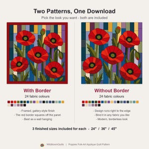 Klaprozenquiltpatroon, applicatie met rafelige rand en strijkapplicatie, bloemenquiltpatroon (PDF), patchwork wandkleed, sjabloon voor een quilt in volkskunststijl afbeelding 11