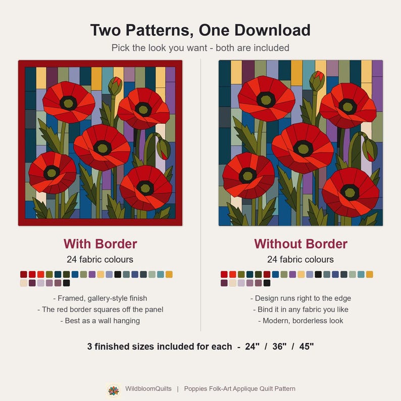Klaprozenquiltpatroon, applicatie met rafelige rand en strijkapplicatie, bloemenquiltpatroon (PDF), patchwork wandkleed, sjabloon voor een quilt in volkskunststijl afbeelding 11
