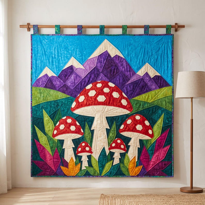 Mushroom Mountain Quilt Pattern, Raw Edge Fusible Applique, Toadstool Quilt Pattern PDF, Patchwork Wall Hanging, Folk Art Quilt Template image 17
