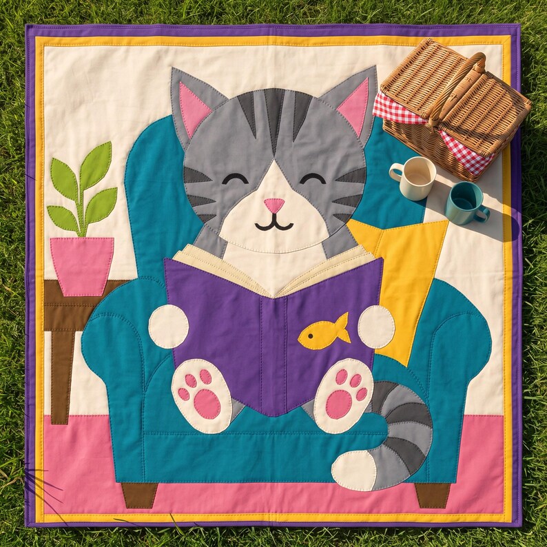 Reading Cat Quilt Pattern, Raw Edge Fusible Applique, Cat Quilt Pattern PDF, Patchwork Wall Hanging, Folk Art Quilt Template image 20