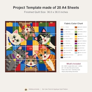 Six Cats Quilt Pattern, Applique & Collage Quilt, Cat Quilt Pattern PDF, Patchwork Wall Hanging, Folk Art Quilt Template image 13