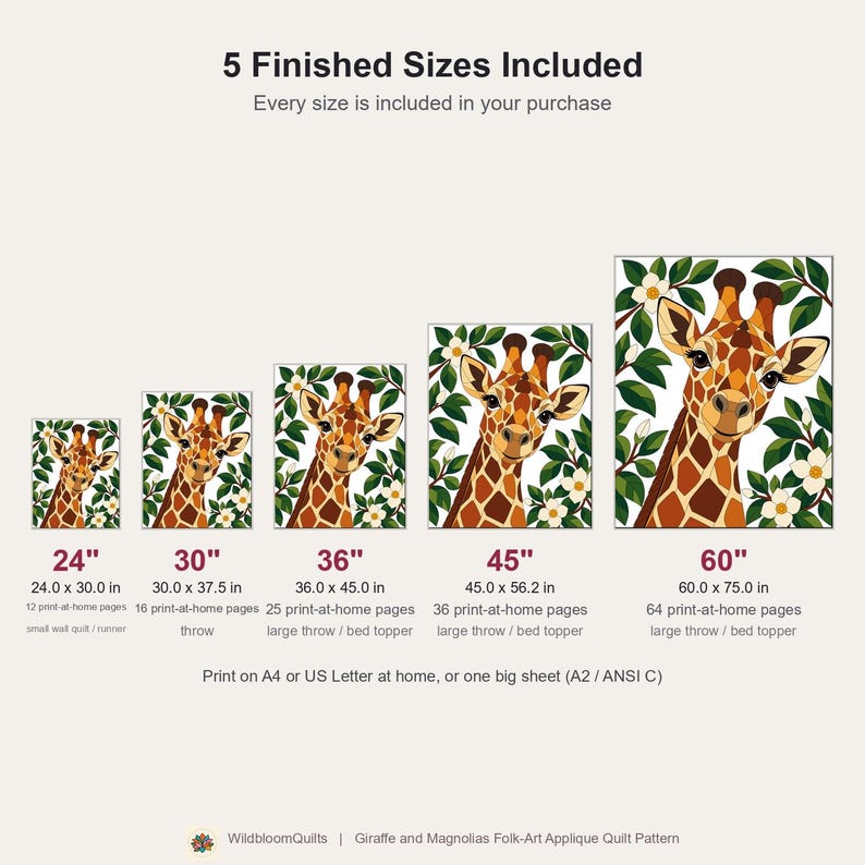 Giraffen-Quiltmuster, Applikations- und Collage-Quilt, Tier-Quiltmuster (PDF), Magnolien-Wandbehang im Volkskunststil, Patchwork-Vorlage Bild 3