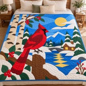 Quiltmuster „Winterkardinal“, Applikations- und Collage-Quilt, Vogel-Quiltmuster (PDF), Patchwork-Wandbehang, Quiltvorlage im Stil der Volkskunst Bild 10