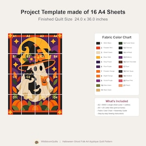 Halloween Ghost Quilt Pattern, Applique & Collage Quilt, Black Cat Quilt Pattern PDF, Patchwork Wall Hanging, Witch Hat Pumpkin Template image 5