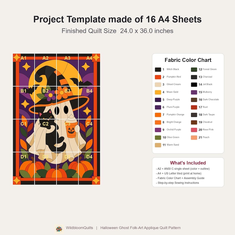 Halloween Ghost Quilt Pattern, Applique & Collage Quilt, Black Cat Quilt Pattern PDF, Patchwork Wall Hanging, Witch Hat Pumpkin Template image 5