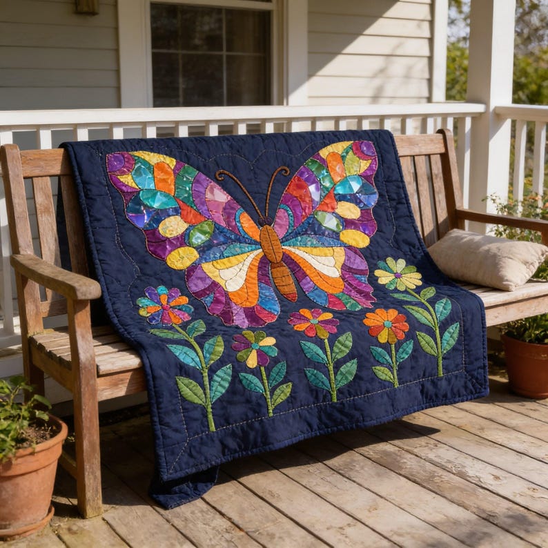 Butterfly Garden Quilt Pattern, Raw Edge Fusible Applique PDF, Folk Art Animal Quilt, Patchwork Wall Hanging Template image 14