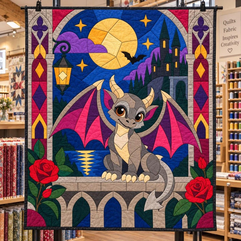Modello per trapunta Baby Gargoyle, trapunta con applicazioni e collage, modello PDF per trapunta con animali fantastici, arazzo patchwork, modello per trapunta in stile folk art immagine 1