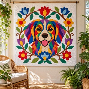 Patrón de edredón Perro Arcoíris, Edredón con apliques y collage, Patrón de edredón de animales en PDF, Tapiz de pared de patchwork, Plantilla de perro de arte popular imagen 10