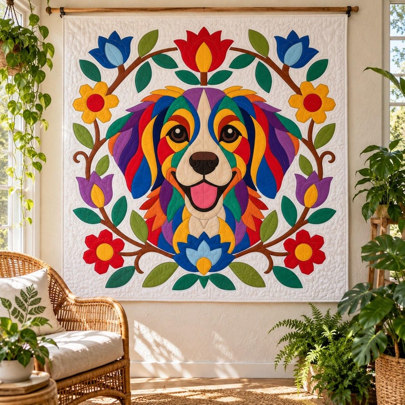 Patrón de edredón Perro Arcoíris, Edredón con apliques y collage, Patrón de edredón de animales en PDF, Tapiz de pared de patchwork, Plantilla de perro de arte popular imagen 10