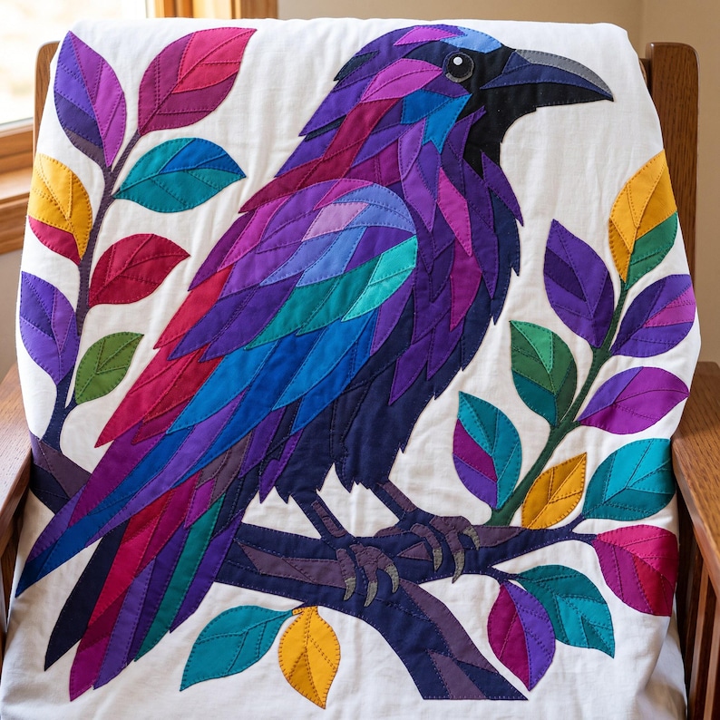 Modèle de courtepointe Corbeau, Appliqué thermocollant à bords francs (PDF), Modèle de courtepointe Oiseau, Décoration murale patchwork, Gabarit de courtepointe animal d'art populaire image 9