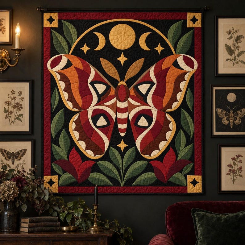 Atlas Moth Quilt Pattern, Applique & Collage Quilt PDF, Moon Phase Quilt Pattern, Folk Art Wall Hanging, Botanical Patchwork Template image 9
