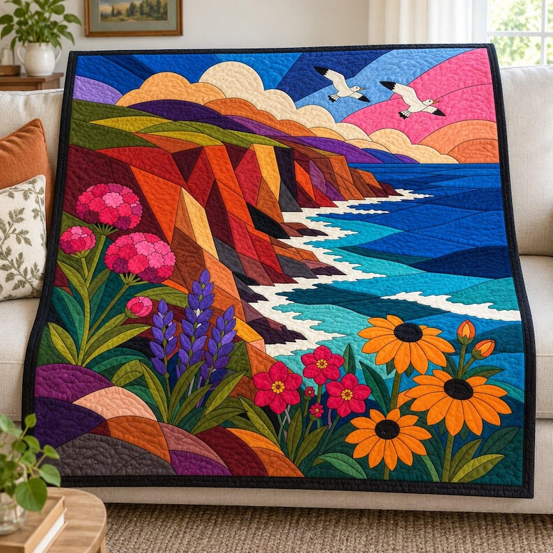 Quiltmuster „Wildblumen an Küstenklippen“, Applikations- und Collage-Quilt, Landschafts-Quiltmuster (PDF), Applikation mit offener Kante zum Aufbügeln Bild 1