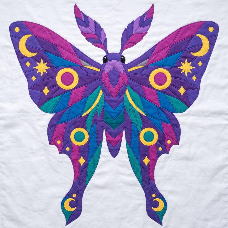 Amethyst Moth Quilt Pattern, Raw Edge Fusible Applique PDF, Celestial Moth Pattern, Patchwork Wall Hanging, Folk Art Quilt Template image 15