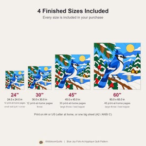 Blue Jay Quilt Pattern, Applique & Collage Quilt, Winter Bird Quilt Pattern PDF, Patchwork Wall Hanging, Folk Art Quilt Template image 3