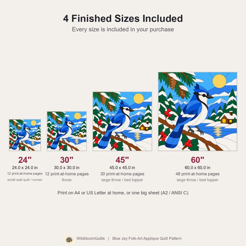Blue Jay Quilt Pattern, Applique & Collage Quilt, Winter Bird Quilt Pattern PDF, Patchwork Wall Hanging, Folk Art Quilt Template image 3