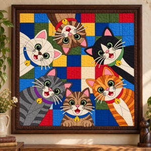 May include: A square wall quilt featuring five cartoon cats arranged in a circle against a multicolored grid background. The cats include a white, brown tabby, black and white, grey tabby, and orange tabby, each wearing a collar with a small bell.