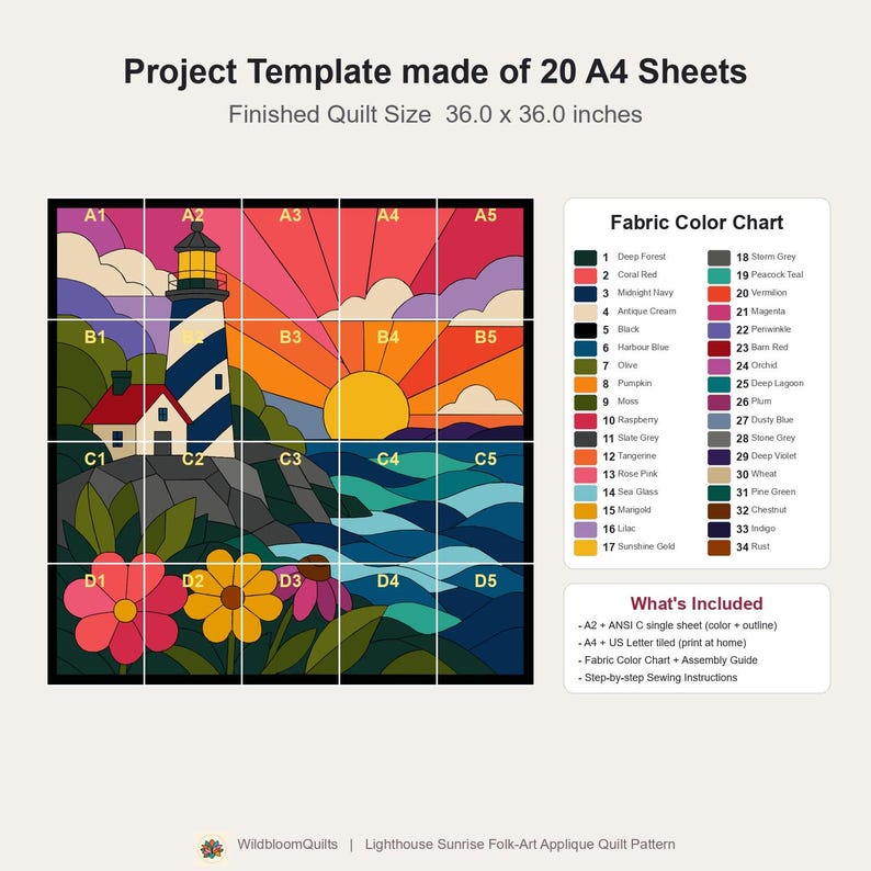 Lighthouse Sunrise Quilt Pattern, Raw Edge Fusible Applique PDF, Coastal Quilt Pattern, Patchwork Wall Hanging, Folk Art Quilt Template image 5