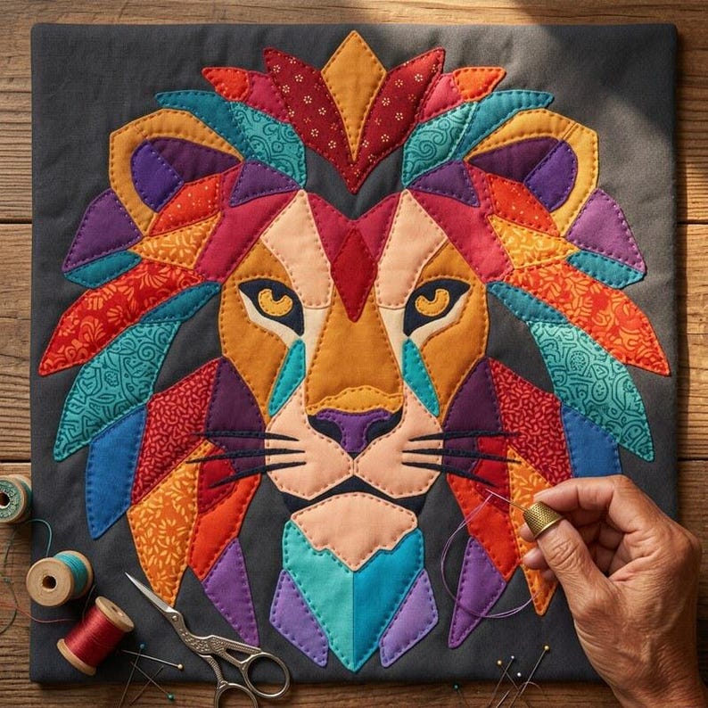 Löwen-Quiltmuster, Löwen-Wandbehang-Quiltmuster (PDF), Einfaches Applikationsquiltmuster für Anfänger, Applikation mit offener Kante zum Aufbügeln Bild 9