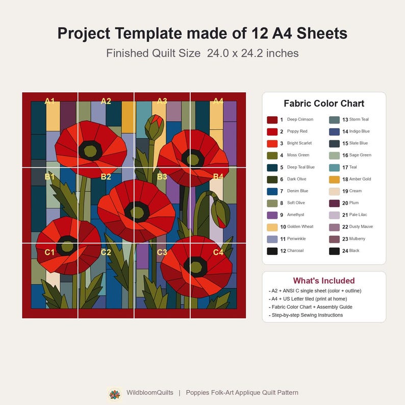 Klaprozenquiltpatroon, applicatie met rafelige rand en strijkapplicatie, bloemenquiltpatroon (PDF), patchwork wandkleed, sjabloon voor een quilt in volkskunststijl afbeelding 8